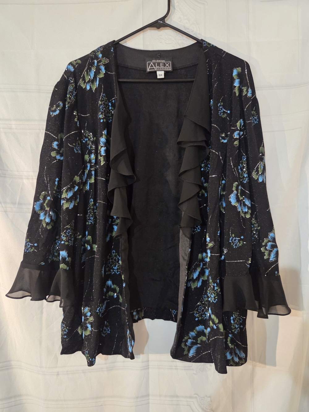 Alex Evenings Black Floral Ruffle Jacket with Blue Green Accents